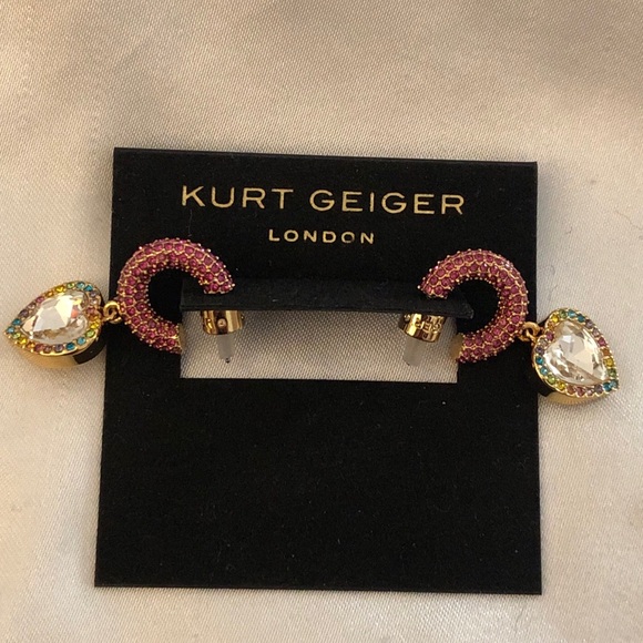 Kurt Geiger Gold Tone Pink Crystal Huggie Hoops With Heart Crystal Charm NWT - Picture 10 of 12